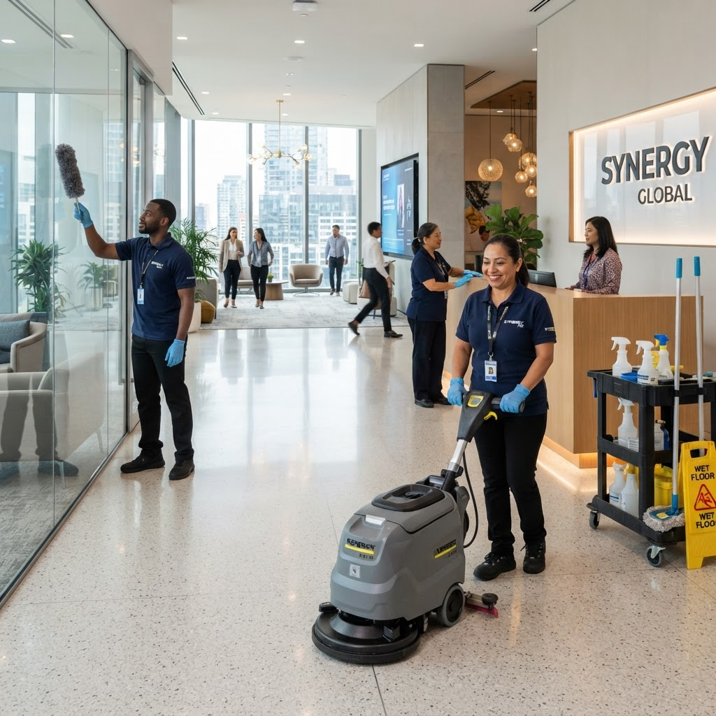 Housekeeping staff cleaning an office lobby